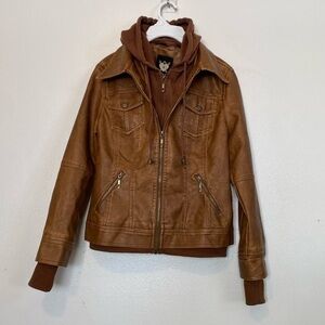 Lock and Love camel Removable Hooded pocket Faux Leather Jacket Moto Biker Coat